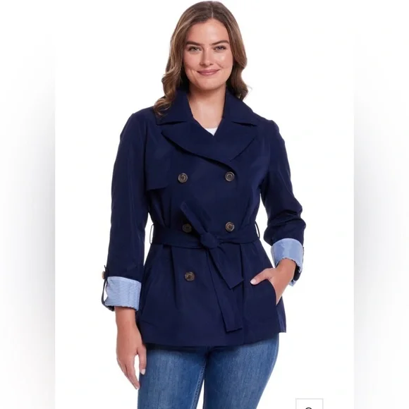 Weatherproof / NWT/ DOUBLE BREASTED TRENCH/ Classic Navy Blue/ Size M - Picture 2 of 15